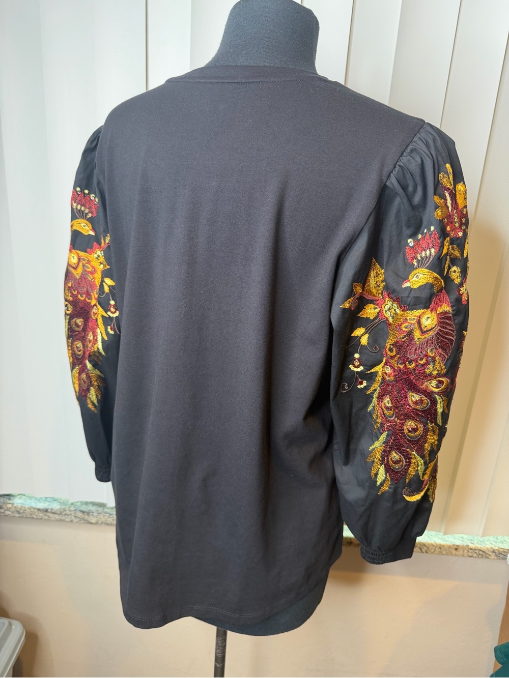 Chico's black long-sleeve top featuring intricate peacock embroidery Size Large - Picture 7 of 10